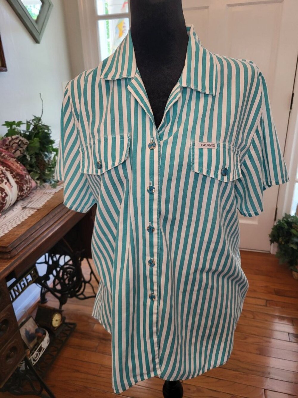 Cabrais Vintage 80s Teal Whit Striped Button Up M Coastal Beach Vacation Summer